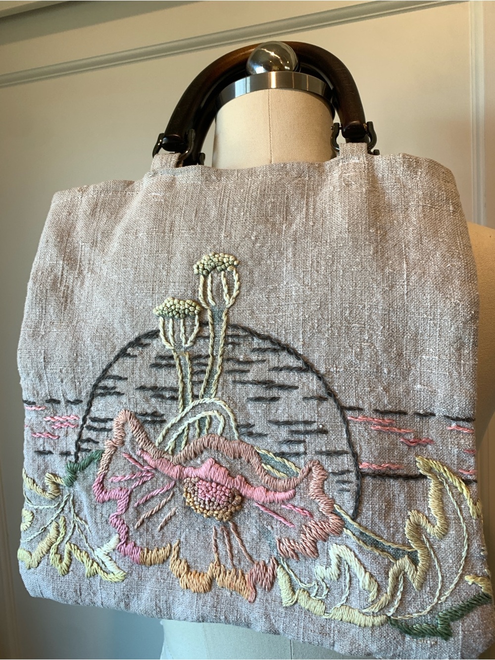 Hand Embroidered Linen Small Tote Bag with Wooden Handles - Beige